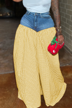 Yellow Casual Plaid Patchwork Loose Mid Waist Wide Leg Patchwork Bottoms