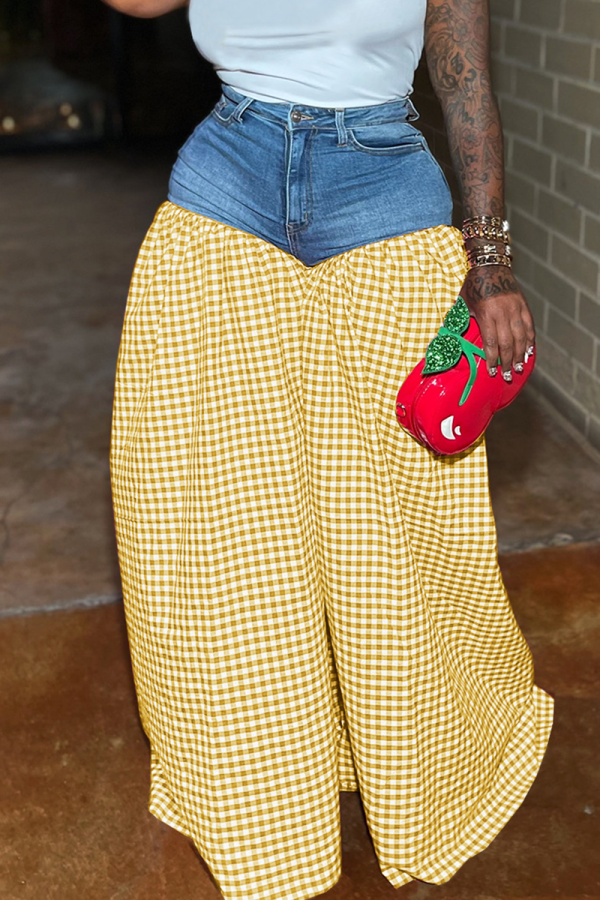 Yellow Casual Plaid Patchwork Loose Mid Waist Wide Leg Patchwork Bottoms