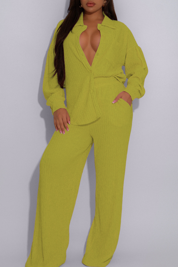 Green Yellow Casual Solid Color Buckle Turndown Collar Long Sleeve Two Pieces
