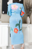 Blue Casual Print Ruched O Neck Long Dresses