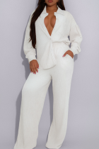 White Casual Solid Color Buckle Turndown Collar Long Sleeve Two Pieces