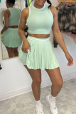 Pink Casual Pleated O Neck Sleeveless Two Pieces
