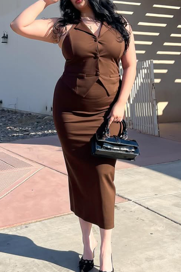 Brown Elegant Solid Color Buckle Slit Turn-back Collar Sleeveless Two Pieces