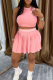 Pink Casual Pleated O Neck Sleeveless Two Pieces