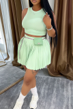 Pink Casual Pleated O Neck Sleeveless Two Pieces