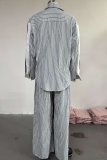Grey Casual Stripe Buckle Turndown Collar Long Sleeve Two Pieces