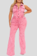 Pink Casual Solid Color Buckle Turndown Collar Sleeveless Regular Denim Jumpsuits