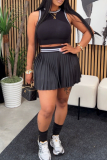 Pink Casual Pleated O Neck Sleeveless Two Pieces
