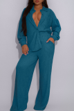 Green Yellow Casual Solid Color Buckle Turndown Collar Long Sleeve Two Pieces