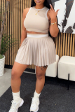 Pink Casual Pleated O Neck Sleeveless Two Pieces