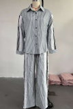Grey Casual Stripe Buckle Turndown Collar Long Sleeve Two Pieces