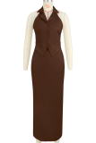 Pink Elegant Solid Color Buckle Slit Turn-back Collar Sleeveless Two Pieces