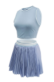 Pink Casual Pleated O Neck Sleeveless Two Pieces
