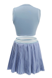 Pink Casual Pleated O Neck Sleeveless Two Pieces