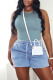 Gray Blue Casual Solid Color Draw String O Neck Sleeveless Two Pieces