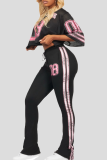 Red Casual Letters Contrast V Neck Long Sleeve Two Pieces