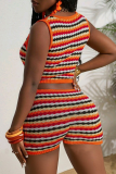 Orange Red Casual Stripe Buckle O Neck Sleeveless Two Pieces