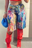 Colour Casual Print Straight Mid Waist Conventional Full Print Bottoms