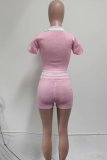 Pink Casual Letters Contrast Turndown Collar Short Sleeve Two Pieces