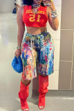 Colour Casual Print Straight Mid Waist Conventional Full Print Bottoms