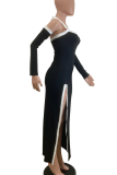 Black Sexy High Slit Contrast Halter Long Dresses