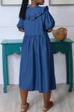 Blue Casual Solid Color Buckle Flounce V Neck Short Sleeve Loose Denim Dresses