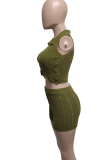 Army Green Sexy Solid Color Buckle Turndown Collar Sleeveless Two Pieces