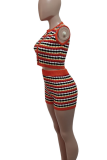 Orange Red Casual Stripe Buckle O Neck Sleeveless Two Pieces