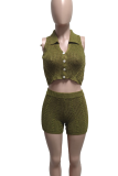 Army Green Sexy Solid Color Buckle Turndown Collar Sleeveless Two Pieces
