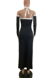 Black Sexy High Slit Contrast Halter Long Dresses