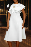White Elegant Solid Color Bow Decor O Neck A Line Dresses