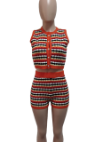 Orange Red Casual Stripe Buckle O Neck Sleeveless Two Pieces