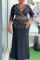 Black Elegant Solid Color Hot Drill Zipper V Neck Long Plus Size Dresses