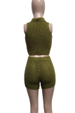 Army Green Sexy Solid Color Buckle Turndown Collar Sleeveless Two Pieces