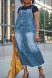 Blue Casual Solid Color Pocket Spaghetti Strap Sleeveless Loose Denim Dresses