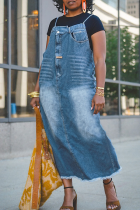 Blue Casual Solid Color Pocket Spaghetti Strap Sleeveless Loose Denim Dresses