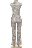 Apricot Sexy Print Turtleneck Sleeveless Two Pieces