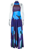 Blue Sexy Print Backless Turtleneck Printed Dresses