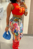 Colour Casual Print Straight Mid Waist Conventional Full Print Bottoms