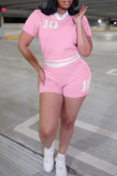 Pink Casual Letters Contrast Turndown Collar Short Sleeve Two Pieces