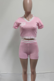 Pink Casual Letters Contrast Turndown Collar Short Sleeve Two Pieces