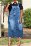 Blue Casual Solid Color Pocket Spaghetti Strap Sleeveless Loose Denim Dresses
