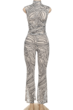 Apricot Sexy Print Turtleneck Sleeveless Two Pieces