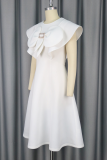 White Elegant Solid Color Bow Decor O Neck A Line Dresses