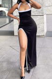 Black Sexy High Slit Contrast Halter Long Dresses