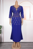 Black Elegant Solid Color Hot Drill Zipper V Neck Long Plus Size Dresses