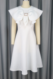 White Elegant Solid Color Bow Decor O Neck A Line Dresses