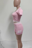 Pink Casual Letters Contrast Turndown Collar Short Sleeve Two Pieces