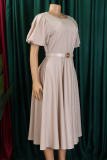 Dark Purple Elegant Solid Color Pocket With Belt O Neck Long Dresses