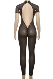 Grey Sexy Solid Color See-Through Backless O Neck Skinny Jumpsuits
